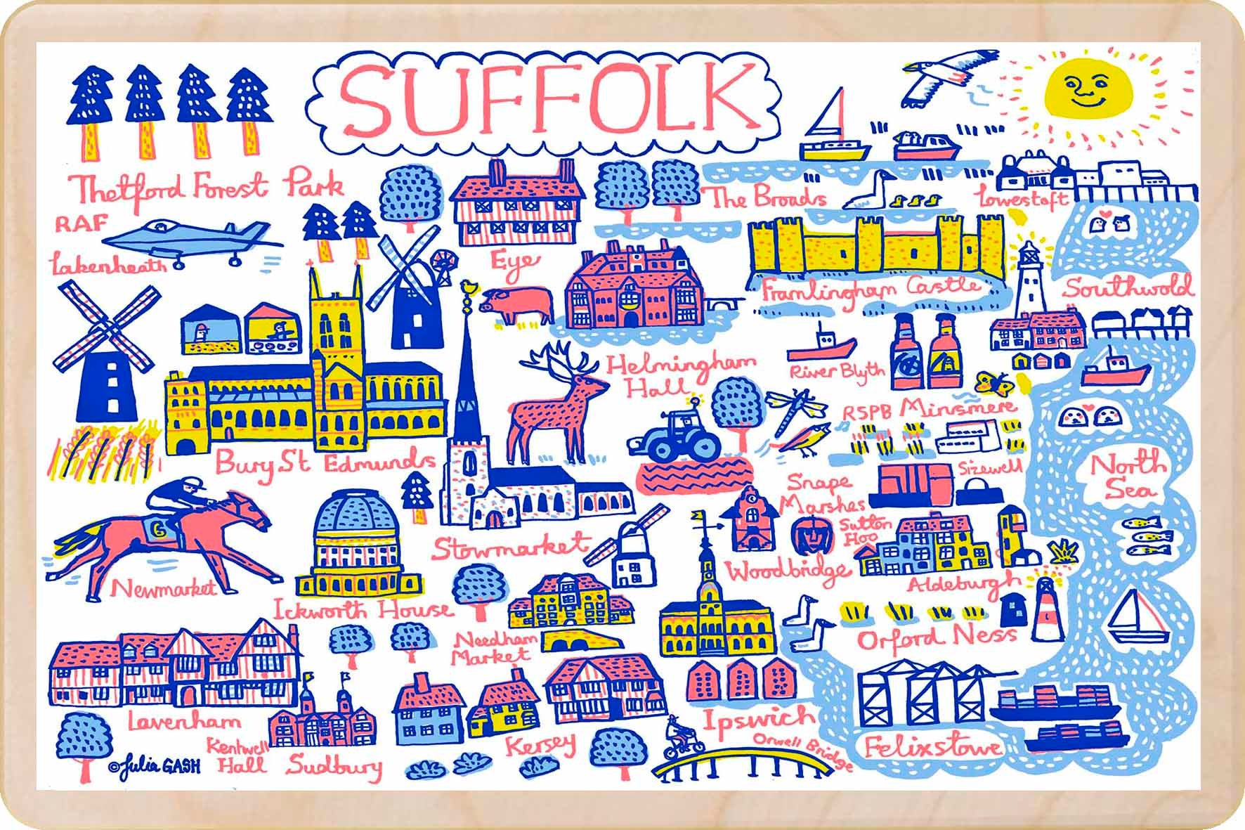 Suffolk - wooden postcard by Julia Gash. A sustainable, mailable keepsake—perfect for gifting or collecting. Printed in Suffolk on eco-friendly wood and handmade in the UK since 2012.