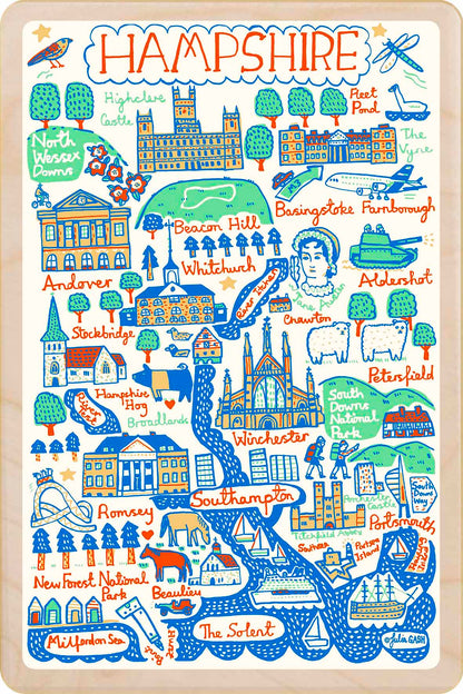 Hampshire - wooden postcard by Julia Gash. A sustainable, mailable keepsake—perfect for gifting or collecting. Printed in Suffolk on eco-friendly wood and handmade in the UK since 2012.