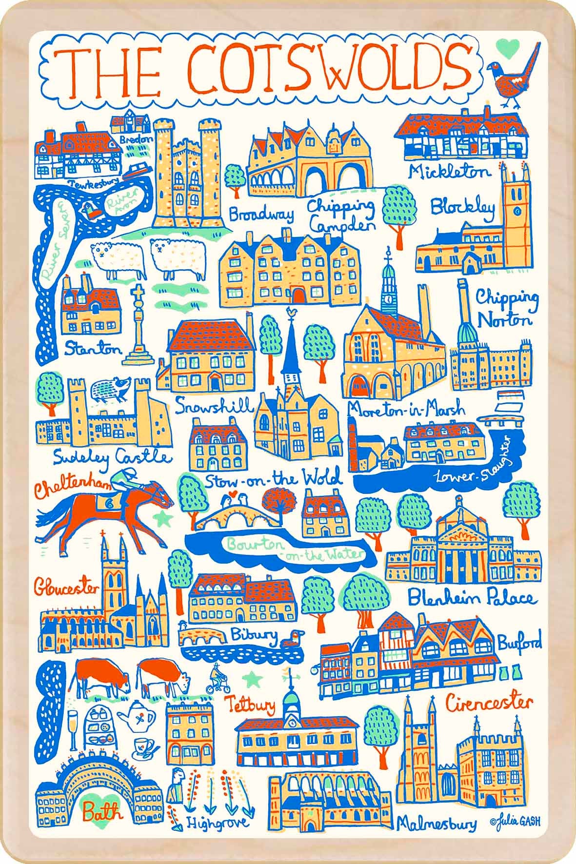 The Cotswold. UK - wooden postcard by Julia Gash. A sustainable, mailable keepsake—perfect for gifting or collecting. Printed in Suffolk on eco-friendly wood and handmade in the UK since 2012.