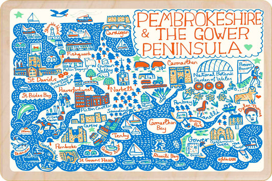 wooden postcard featuring a doodle map of Pembrokeshire and the Gower Wales