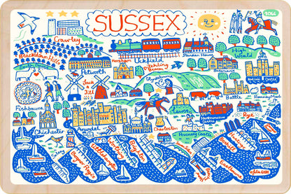 Sussex - wooden postcard by Julia Gash. A sustainable, mailable keepsake—perfect for gifting or collecting. Printed in Suffolk on eco-friendly wood and handmade in the UK since 2012.