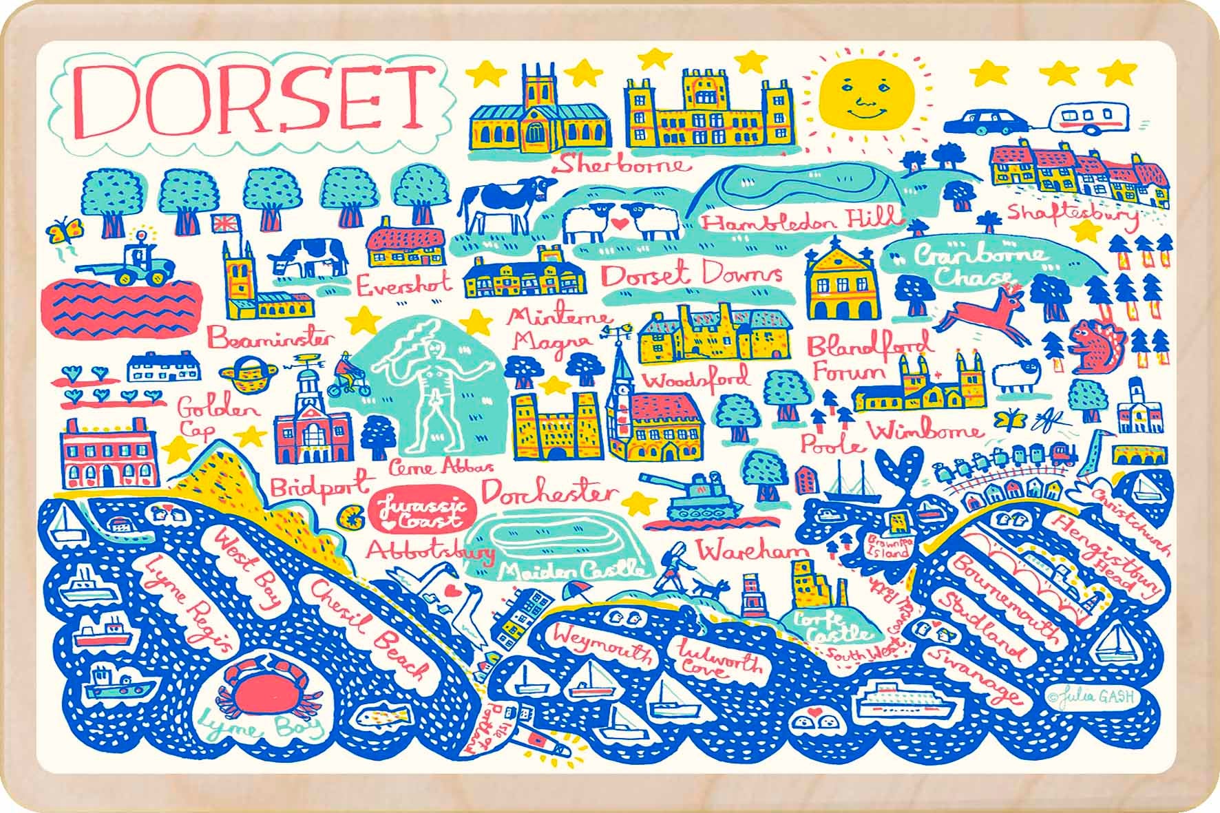 Dorset - wooden postcard by Julia Gash. A sustainable, mailable keepsake—perfect for gifting or collecting. Printed in Suffolk on eco-friendly wood and handmade in the UK since 2012.