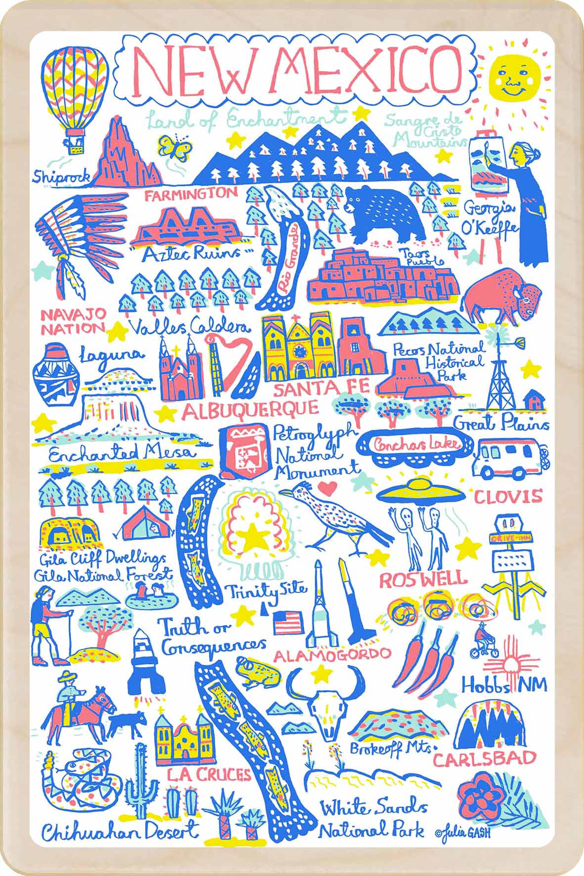 Colorful illustration of New Mexico landmarks and attractions. New Mexico – Eco-friendly Card - Doodle Map Wooden Postcard

Write on the back with any pen and post worldwide with a standard stamp. A smart, eco-friendly card and gift.