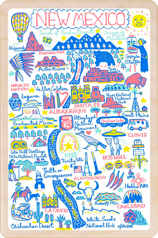 Colorful illustration of New Mexico landmarks and attractions. New Mexico – Eco-friendly Card - Doodle Map Wooden Postcard

Write on the back with any pen and post worldwide with a standard stamp. A smart, eco-friendly card and gift.