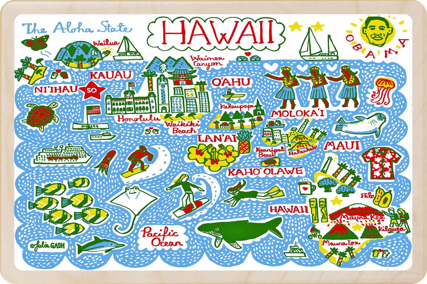 Colorful map of Hawaii with various icons and illustrations. Hawaii – Eco-friendly Card - Doodle Map Wooden Postcard

Write on the back with any pen and post worldwide with a standard stamp. A smart, eco-friendly card and gift.
