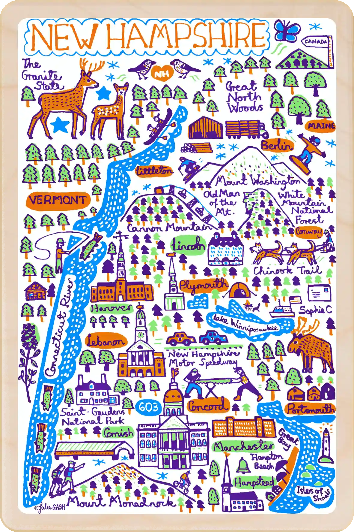 New Hampshire Doodle Map Travel Art Wooden Postcard to send, gift, and keep. The Wooden Postcard Company