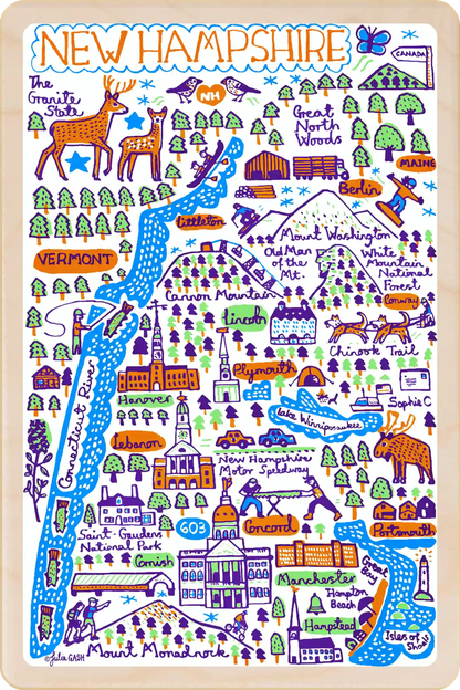New Hampshire Doodle Map Travel Art Wooden Postcard to send, gift, and keep. The Wooden Postcard Company