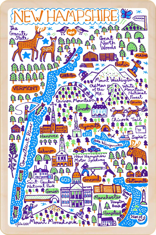 New Hampshire Doodle Map Travel Art Wooden Postcard to send, gift, and keep. The Wooden Postcard Company