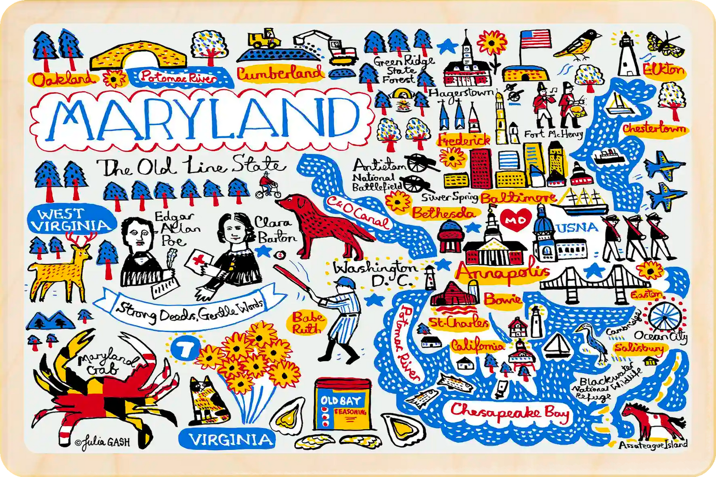 Maryland Travel Art Doodle Map Wooden Postcard to send, gift, and keep. The Wooden Postcard Company
