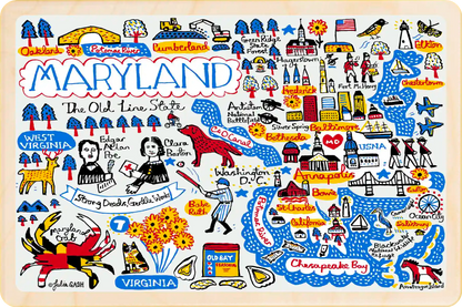 Maryland Travel Art Doodle Map Wooden Postcard to send, gift, and keep. The Wooden Postcard Company