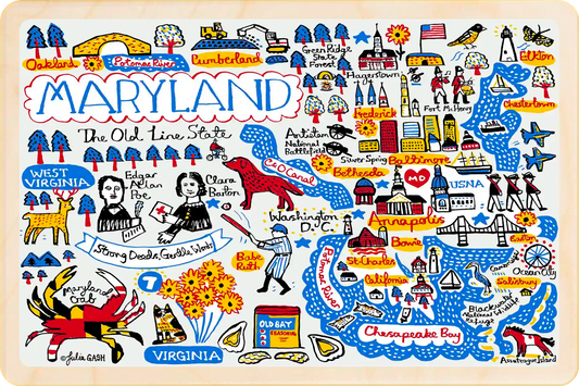 Maryland Travel Art Doodle Map Wooden Postcard to send, gift, and keep. The Wooden Postcard Company