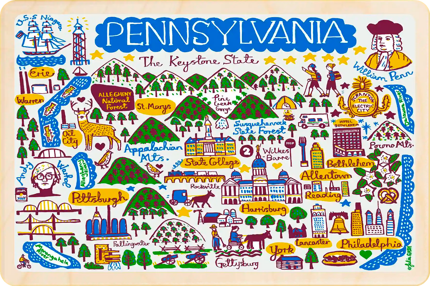Pennsylvania Doodle Map Travel Art Wooden Postcard to send, gift, and keep. The Wooden Postcard Company