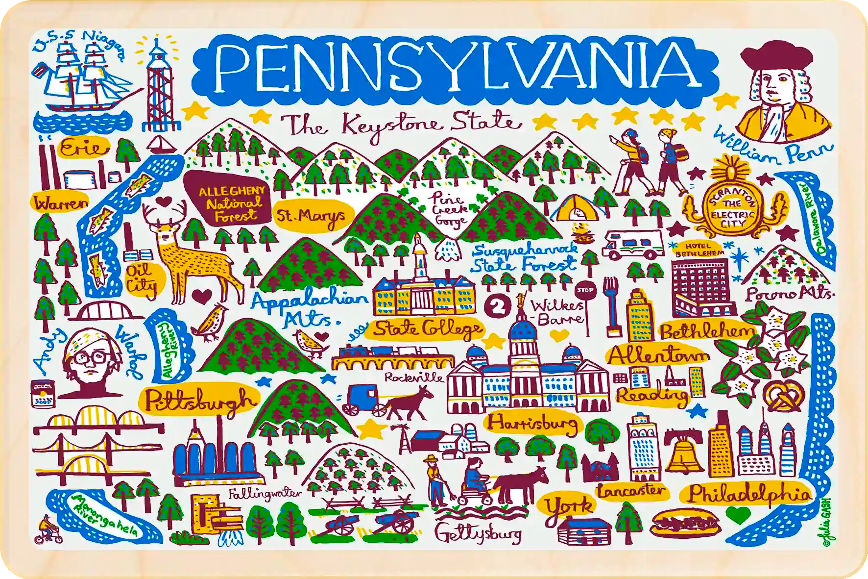 Pennsylvania Doodle Map Travel Art Wooden Postcard to send, gift, and keep. The Wooden Postcard Company