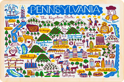 Pennsylvania Doodle Map Travel Art Wooden Postcard to send, gift, and keep. The Wooden Postcard Company