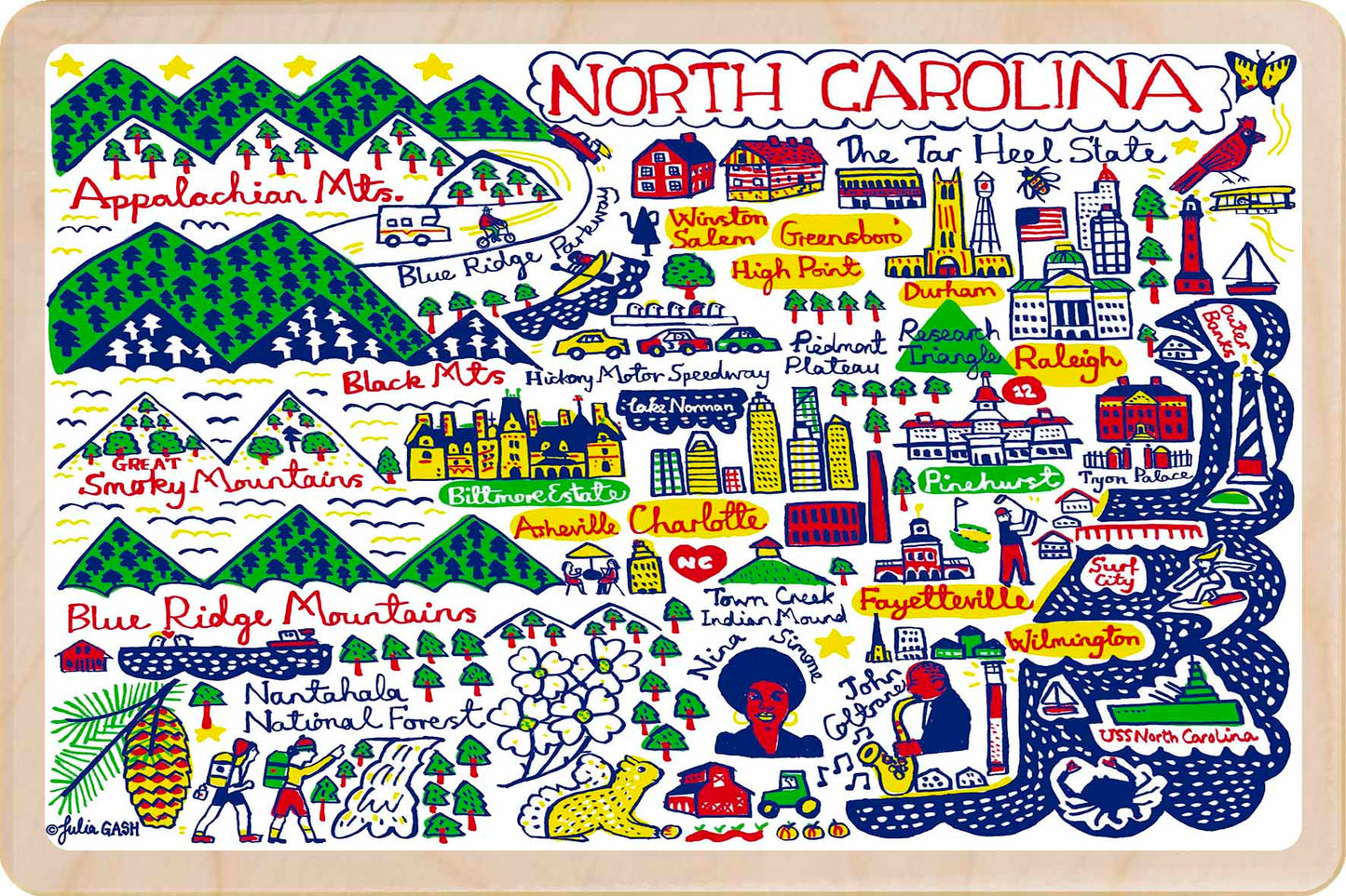 North Carolina Travel Art Doodle Map Wooden Postcard to send, gift, and keep. The Wooden Postcard Company