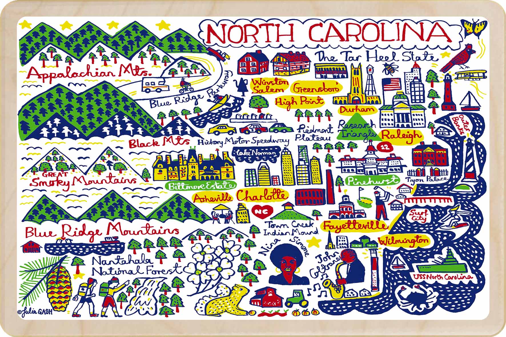 North Carolina Travel Art Doodle Map Wooden Postcard to send, gift, and keep. The Wooden Postcard Company