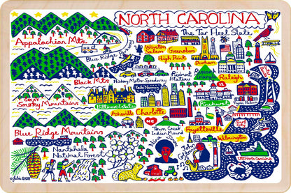North Carolina Travel Art Doodle Map Wooden Postcard to send, gift, and keep. The Wooden Postcard Company