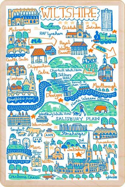 Wiltshire - wooden postcard by Julia Gash. A sustainable, mailable keepsake—perfect for gifting or collecting. Printed in Suffolk on eco-friendly wood and handmade in the UK since 2012.