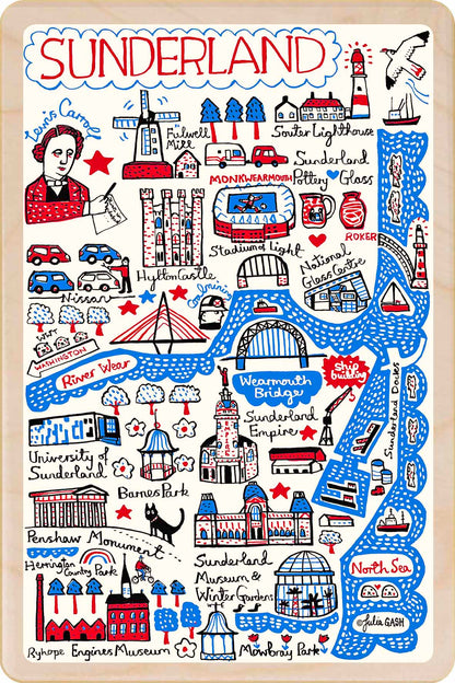 Sunderland - wooden postcard by Julia Gash. A sustainable, mailable keepsake—perfect for gifting or collecting. Printed in Suffolk on eco-friendly wood and handmade in the UK since 2012.