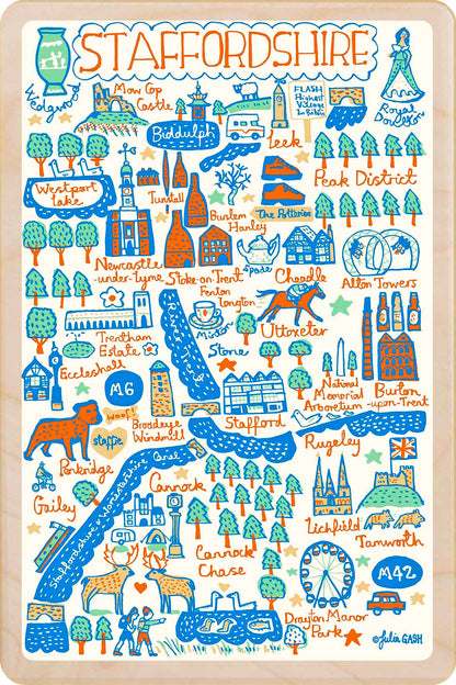Staffordshire - wooden postcard by Julia Gash. A sustainable, mailable keepsake—perfect for gifting or collecting. Printed in Suffolk on eco-friendly wood and handmade in the UK since 2012.