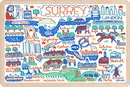 Surrey - wooden postcard by Julia Gash. A sustainable, mailable keepsake—perfect for gifting or collecting. Printed in Suffolk on eco-friendly wood and handmade in the UK since 2012.