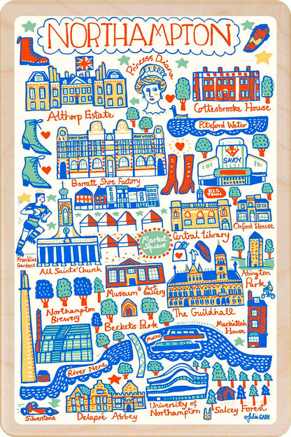 Northampton - wooden postcard by Julia Gash. A sustainable, mailable keepsake—perfect for gifting or collecting. Printed in Suffolk on eco-friendly wood and handmade in the UK since 2012.