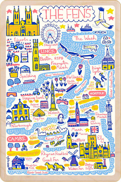 The Fens - wooden postcard by Julia Gash. A sustainable, mailable keepsake—perfect for gifting or collecting. Printed in Suffolk on eco-friendly wood and handmade in the UK since 2012.
