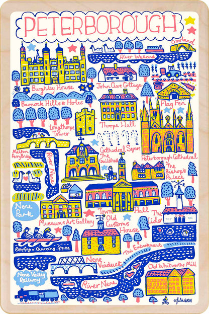 Peterborough - wooden postcard by Julia Gash. A sustainable, mailable keepsake—perfect for gifting or collecting. Printed in Suffolk on eco-friendly wood and handmade in the UK since 2012.
