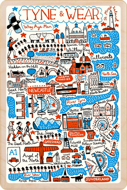 Tyne and Wear - wooden postcard by Julia Gash. A sustainable, mailable keepsake—perfect for gifting or collecting. Printed in Suffolk on eco-friendly wood and handmade in the UK since 2012.