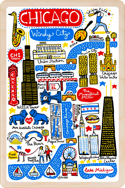 Chicago Travel Art Wooden Postcard to send, gift, and keep. The Wooden Postcard Company