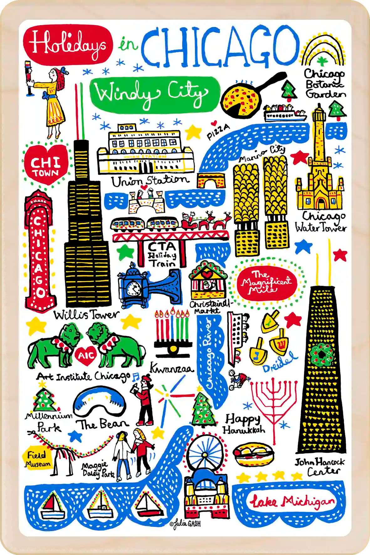 Chicago, The Vacation City Travel Art Wooden Postcard to send, gift, and keep. The Wooden Postcard Company