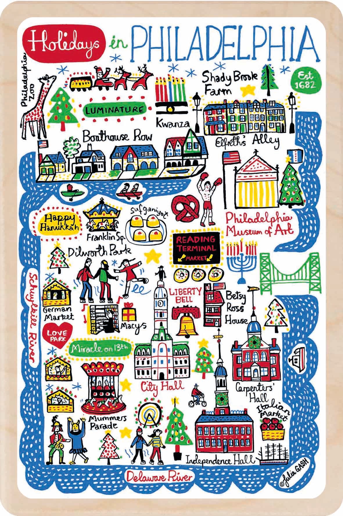 Holiday in Philadelphia, Pennsylvania Doodle Map Travel Art Wooden Postcard to send, gift, and keep. The Wooden postcard Company