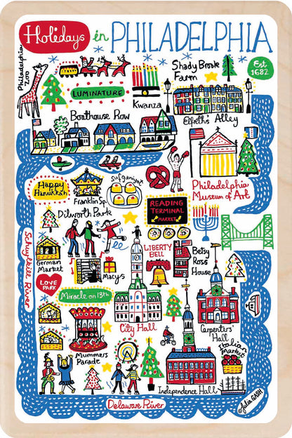 Holiday in Philadelphia, Pennsylvania Doodle Map Travel Art Wooden Postcard to send, gift, and keep. The Wooden postcard Company