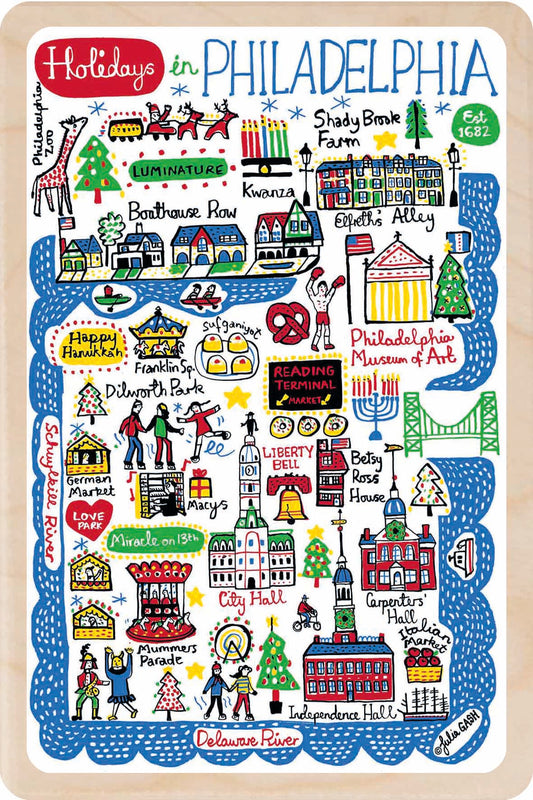 Holiday in Philadelphia, Pennsylvania Doodle Map Travel Art Wooden Postcard to send, gift, and keep. The Wooden postcard Company