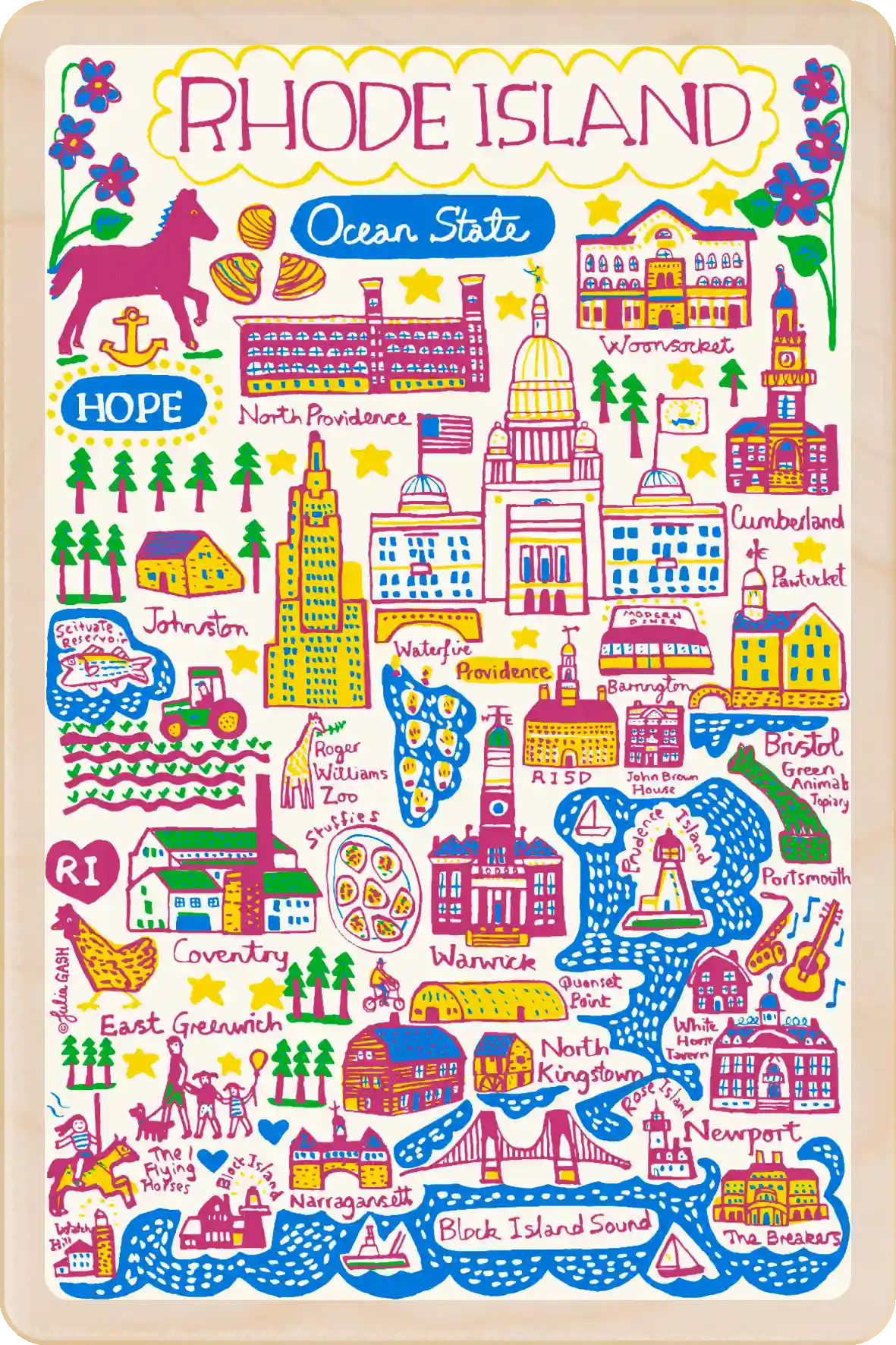 Rhode Island Doodle Map Travel Art Wooden Postcard to send, gift, and keep. The Wooden Postcard Company