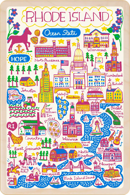 Rhode Island Doodle Map Travel Art Wooden Postcard to send, gift, and keep. The Wooden Postcard Company