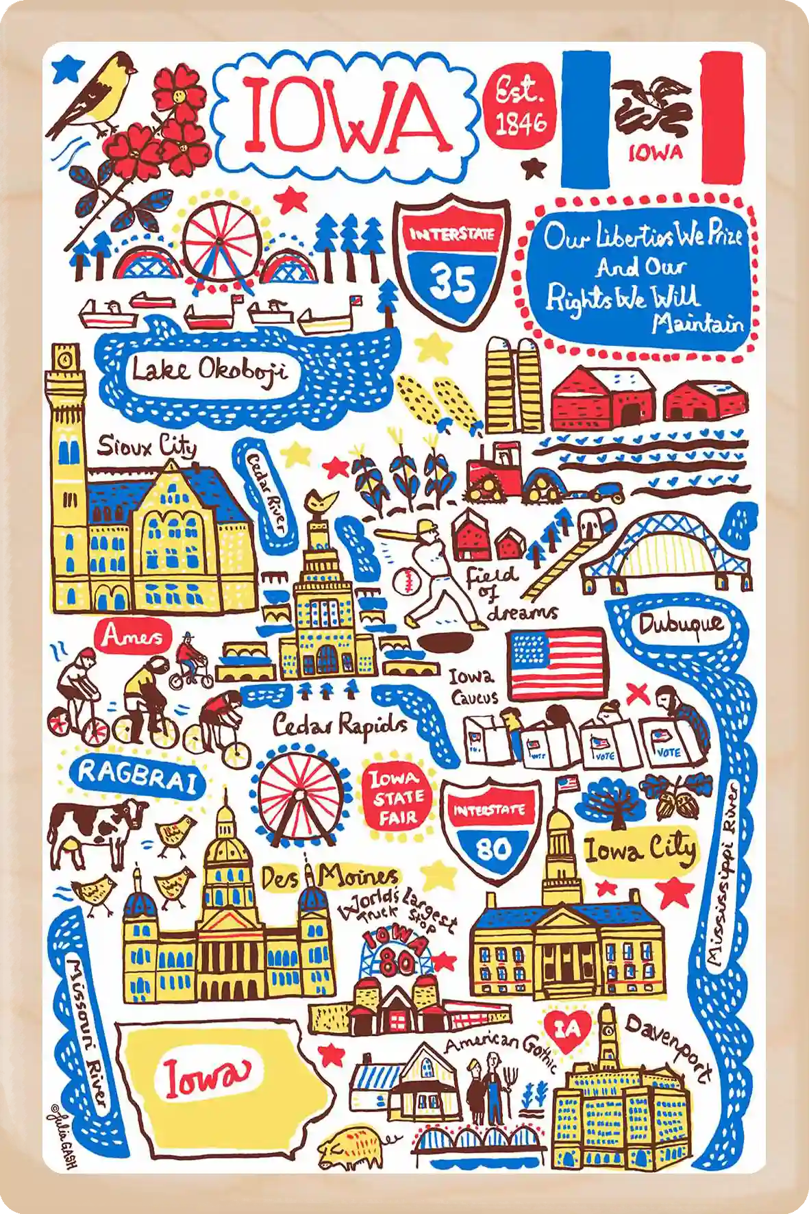 Iowa Travel Art Wooden Postcard to send, gift, and keep. The Wooden Postcard Company
