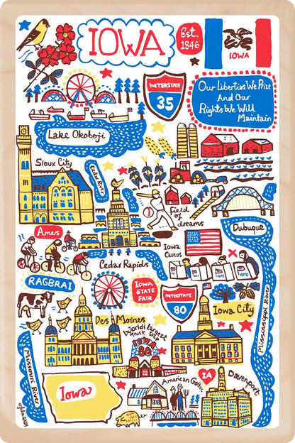 Iowa Travel Art Wooden Postcard to send, gift, and keep. The Wooden Postcard Company