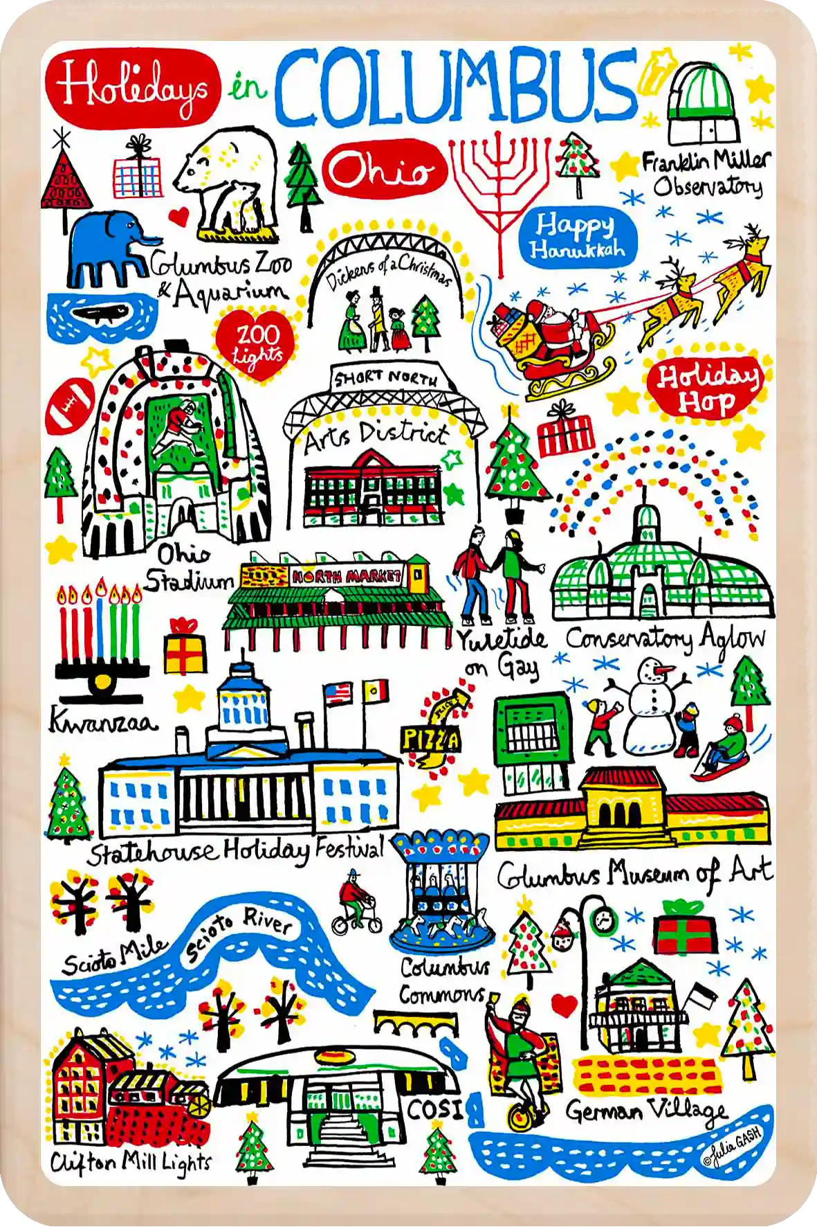 Holidays in Columbus, Ohio Travel Art Wooden Postcard to send, gift, and keep. The Wooden Postcard Company