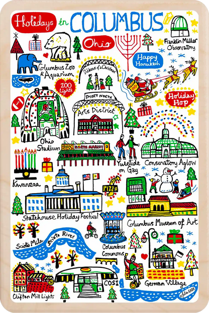 Holidays in Columbus, Ohio Travel Art Wooden Postcard to send, gift, and keep. The Wooden Postcard Company
