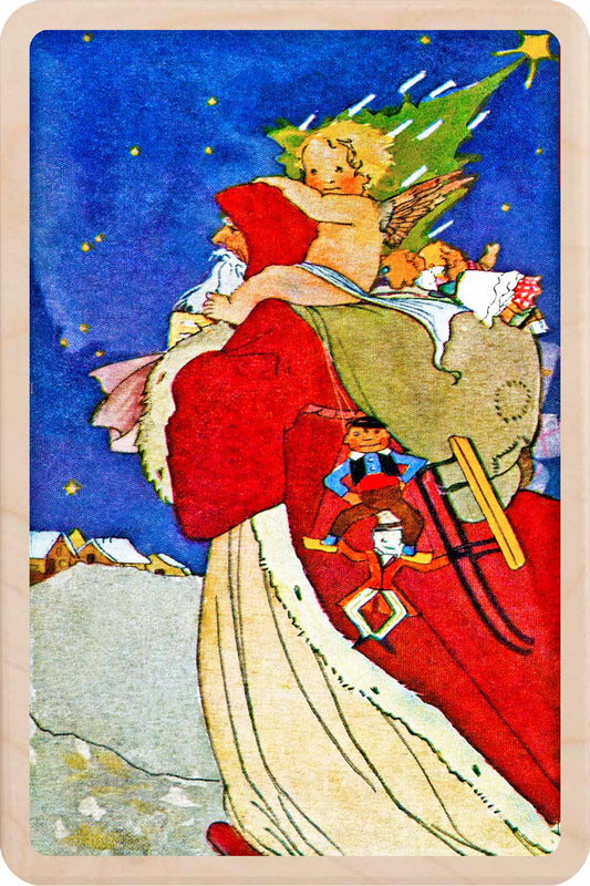 Father Christmas' Mission – Christmas card - Wooden Postcard

Original Christmas illustration printed on sustainable wood. A beautiful card to send and display.