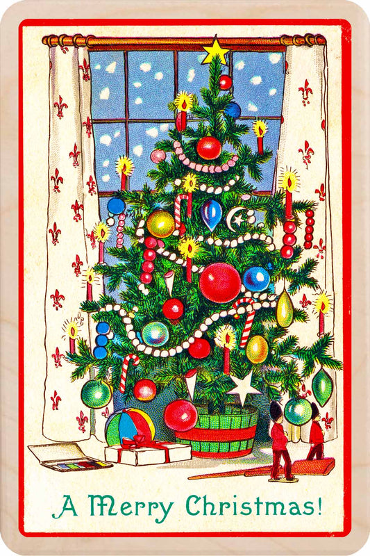 Christmas Tree – Christmas card - Wooden Postcard

Original vintage Christmas illustration printed on sustainable wood;A beautiful card to send, display, or tuck into a stocking.