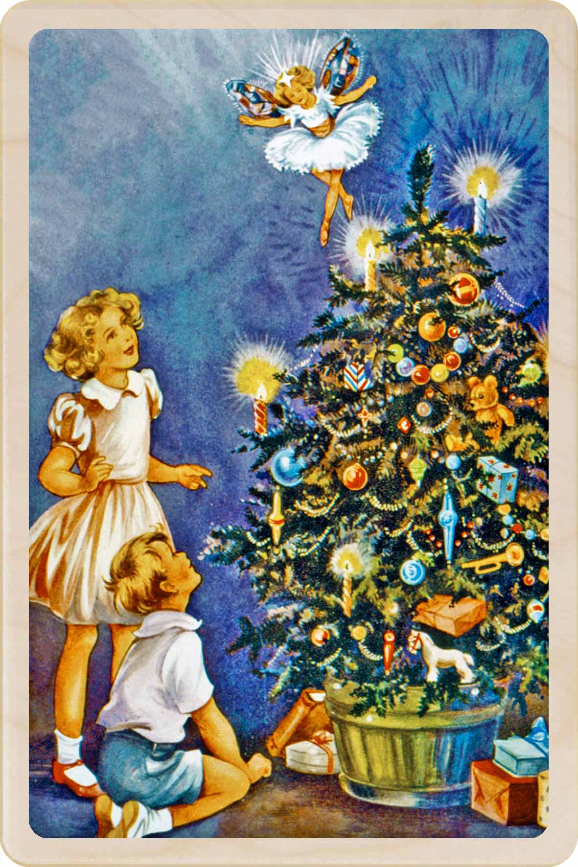 We Saw the Fairy – Christmas card - Wooden Postcard

Original vintage Christmas illustration printed on sustainable wood.&nbsp;A beautiful card to send, display, or tuck into a stocking.