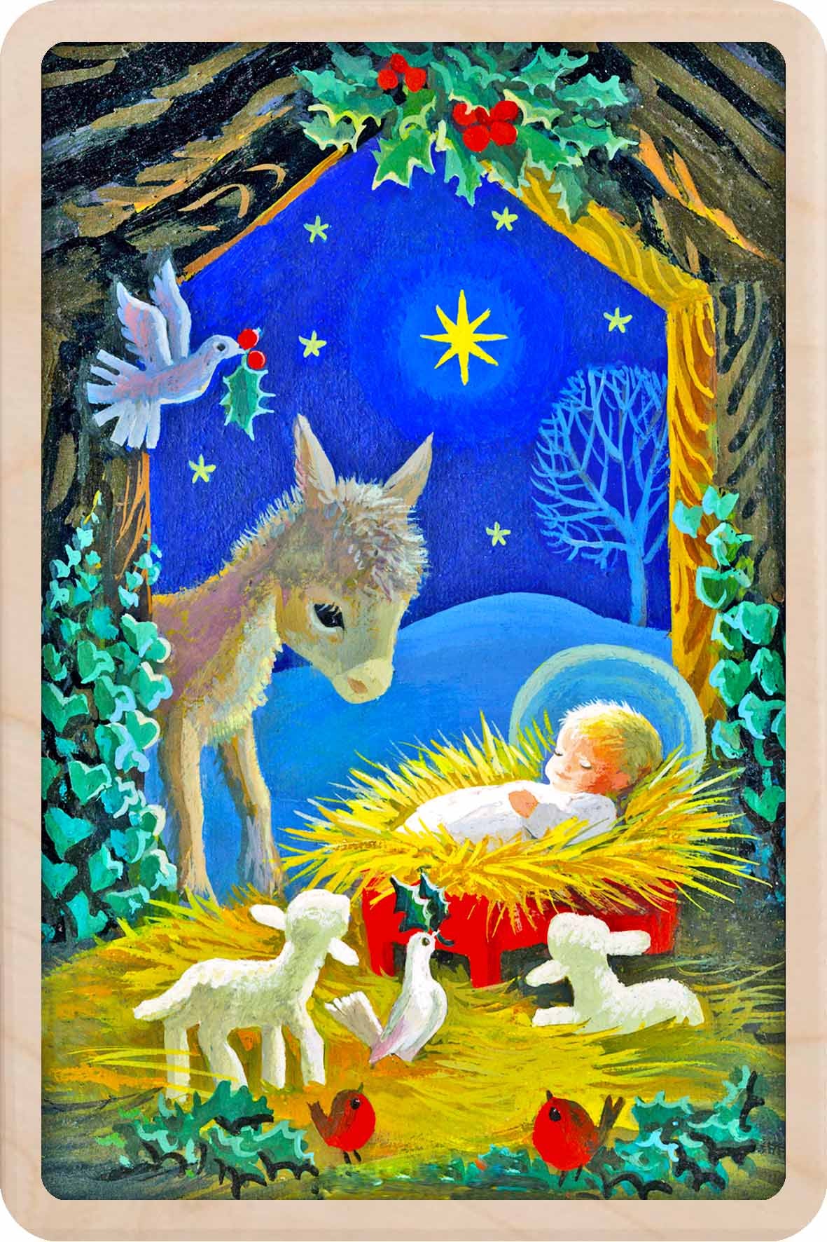 Nativity Christmas Card – Wooden Postcard

A Nativity scene by Margaret Tarrant, printed on sustainable wood. A beautifully detailed postcard you can send, display, or tuck into a stocking.