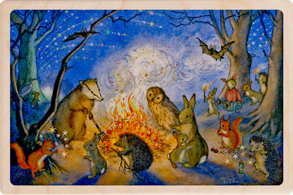 Illustration of forest animals gathered around a campfire under a starry sky. Bonfire - Sustainable Card – Wooden Postcard

Original illustration by Molly Brett, printed on sustainable wood. A beautiful postcard for children big and small, to send, keep, and display.