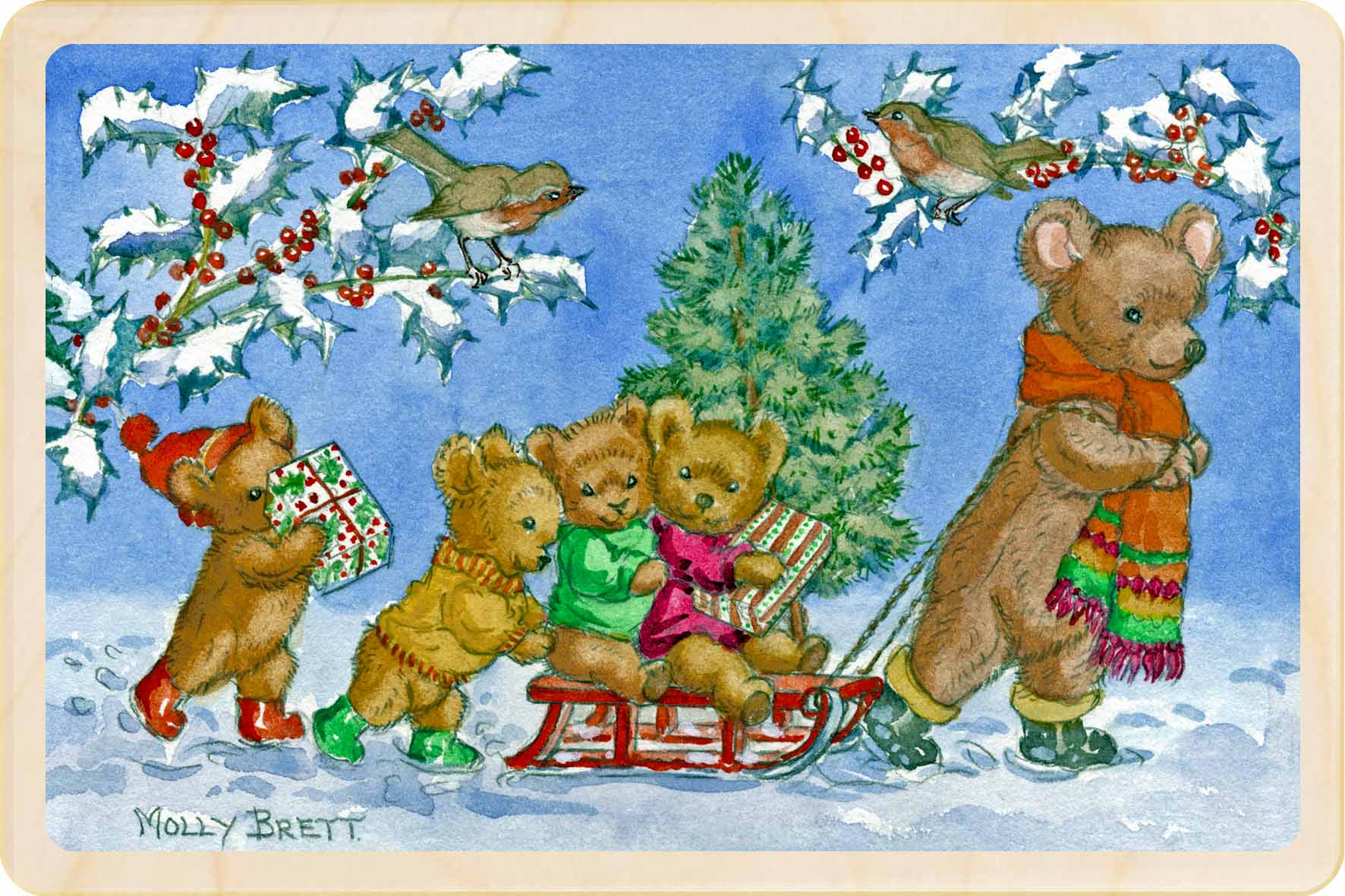 Christmas Bears – Christmas card - Wooden Postcard

Original vintage Christmas illustration printed on sustainable wood, Molly Brett;A beautiful card to send, display, or tuck into a stocking.