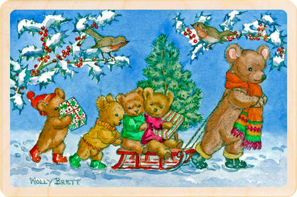 Christmas Teddies, vintage Molly Brett illustration, Medici wooden Christmas card. The Wooden Postcard Company