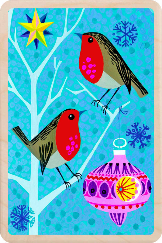Bauble Robins – Christmas card - Wooden Postcard

Original vintage Christmas illustration printed on sustainable wood.&nbsp;A beautiful card to send, display, or tuck into a stocking.