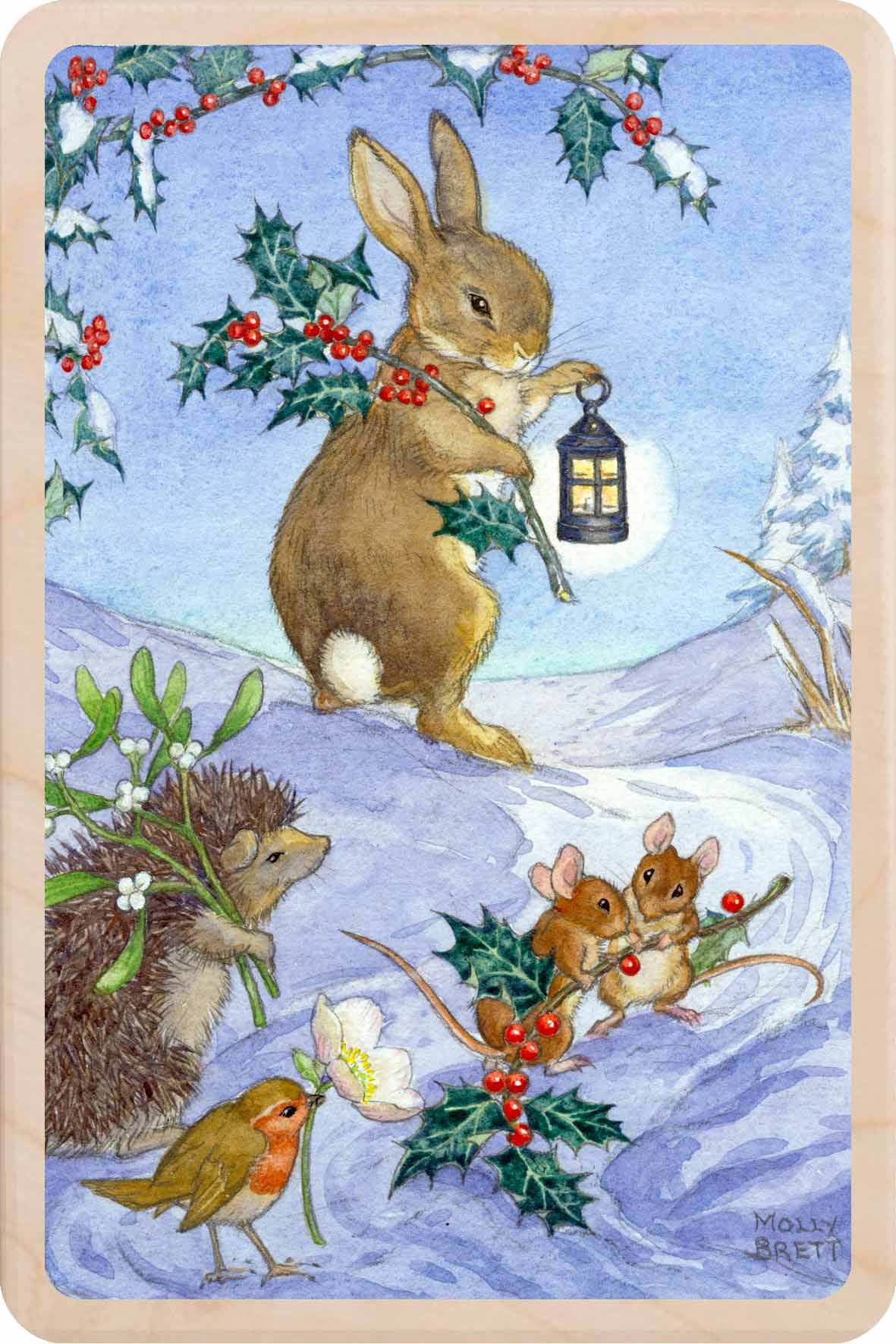 Bunny's Lantern – Christmas card - Wooden Postcard

Original Molly Brett Christmas illustration printed on sustainable wood;A beautiful card to send, display, or tuck into a stocking.