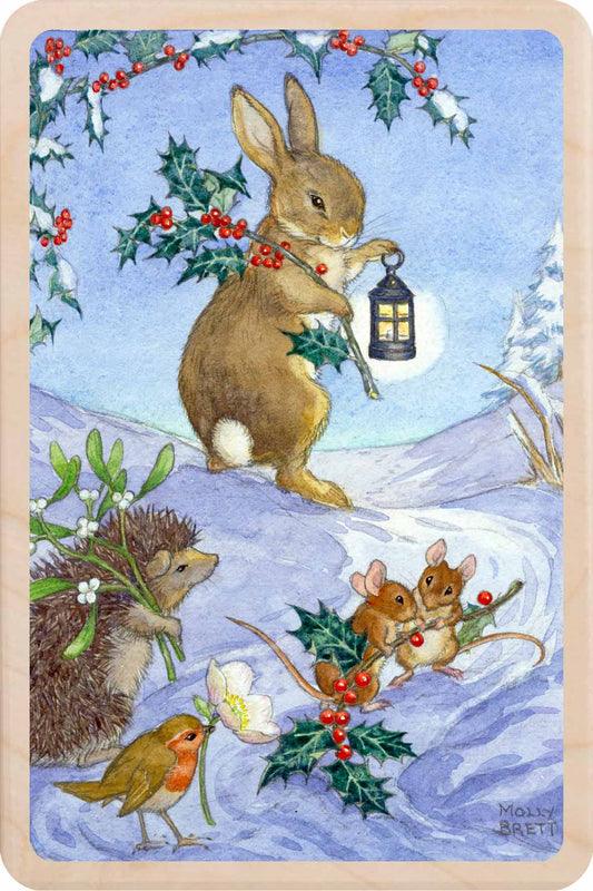 Bunny's Lantern – Christmas card - Wooden Postcard

Original Molly Brett Christmas illustration printed on sustainable wood;A beautiful card to send, display, or tuck into a stocking.
